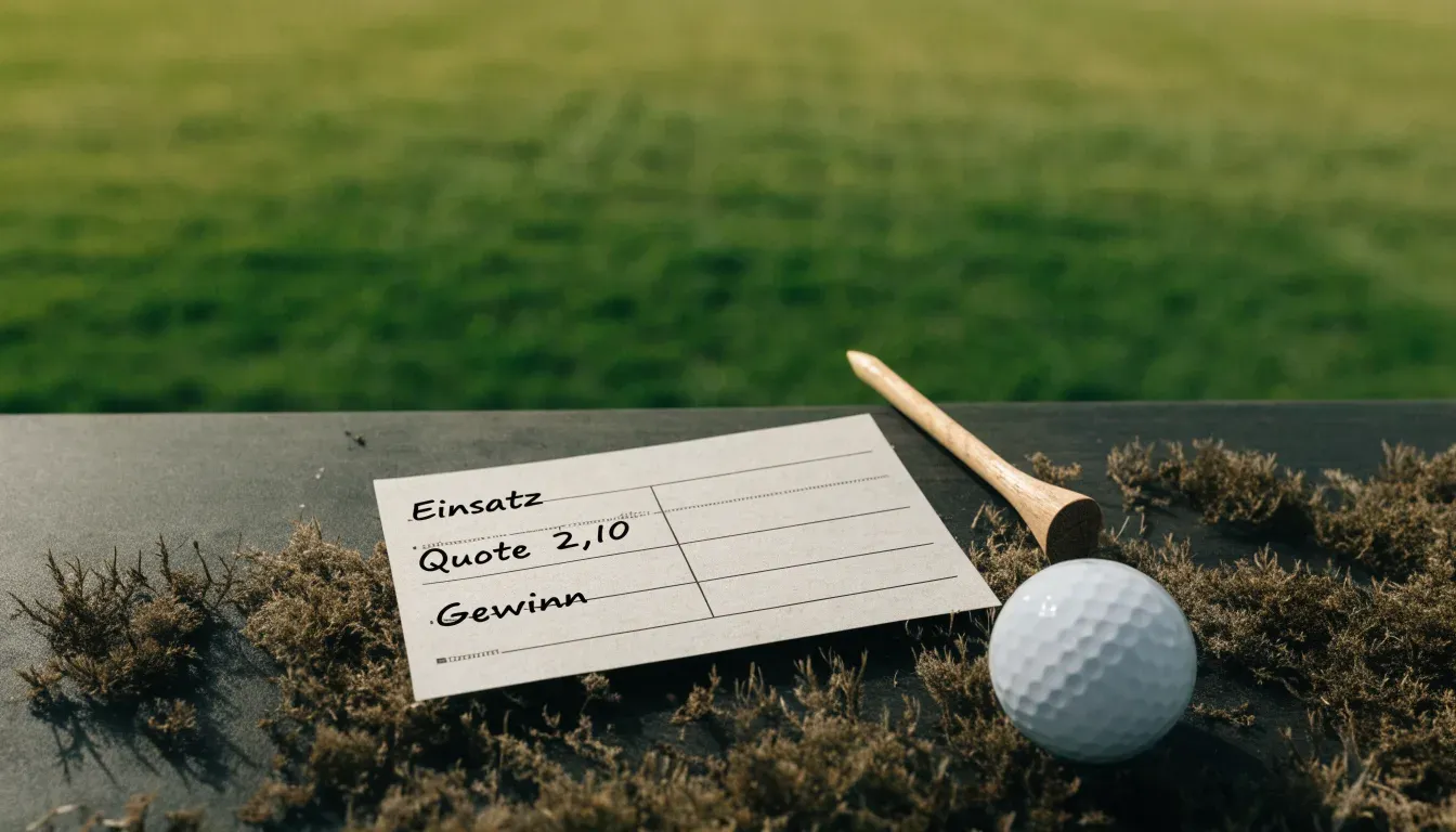 Ein Golfball liegt auf einem Holztee im Gras, scharf im Vordergrund, dahinter verschwimmt eine weite Wiese.
