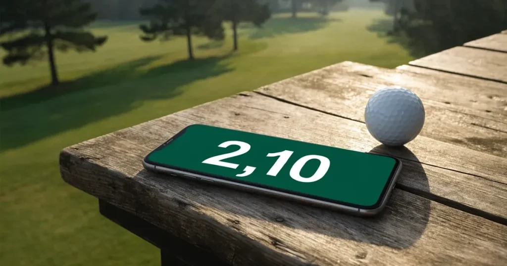 Ein weites Fairway zieht sich im Dunst des frühen Morgens zwischen Föhren hin, Tau liegt auf dem kurzen Gras.