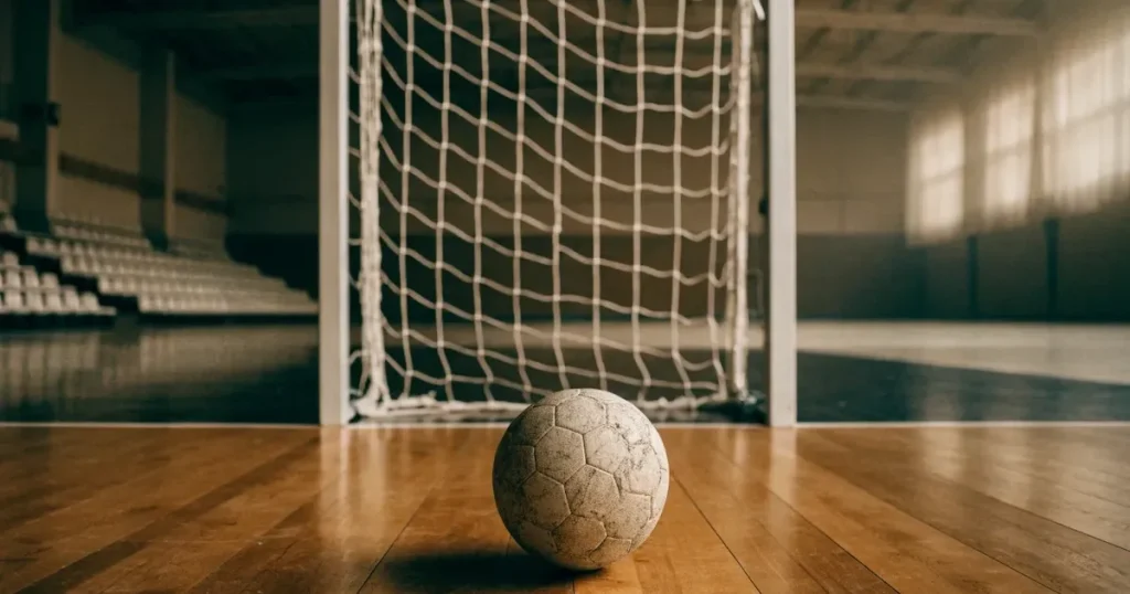Ein Tor mit dicht gespanntem Netz steht in einer grossen Halle, davor liegt ein Handball auf der Torraumlinie.