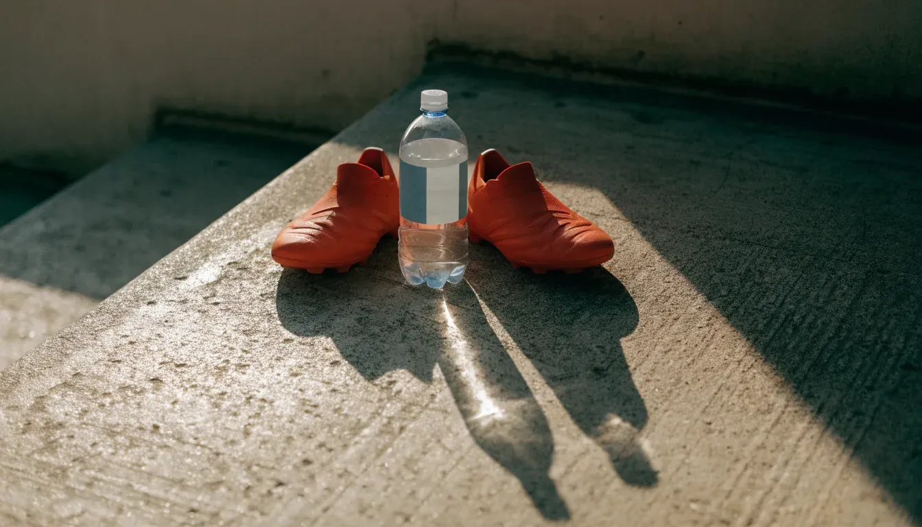 Ein Paar abgetragene Fussballschuhe steht neben einer Wasserflasche auf einer Treppenstufe im Sonnenlicht.