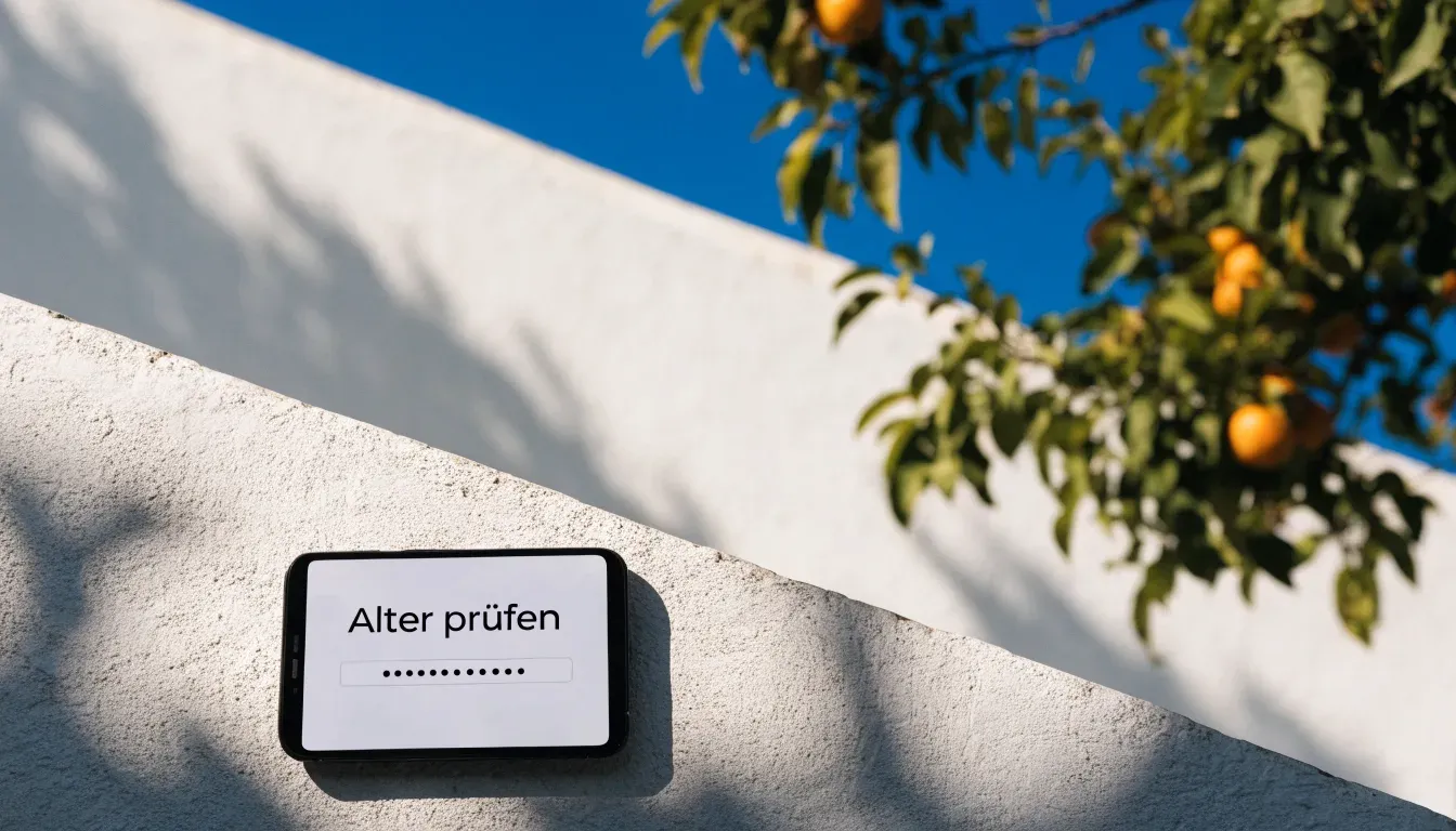 Ein Orangenbaum mit reifen Früchten wächst an einer weissen Mauer unter blauem Himmel.
