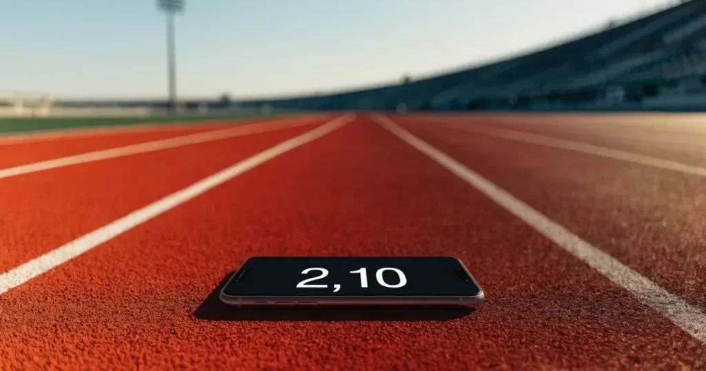 Eine rote Laufbahn mit weissen Linien leuchtet in der Morgensonne, im Hintergrund ein leeres Stadion.