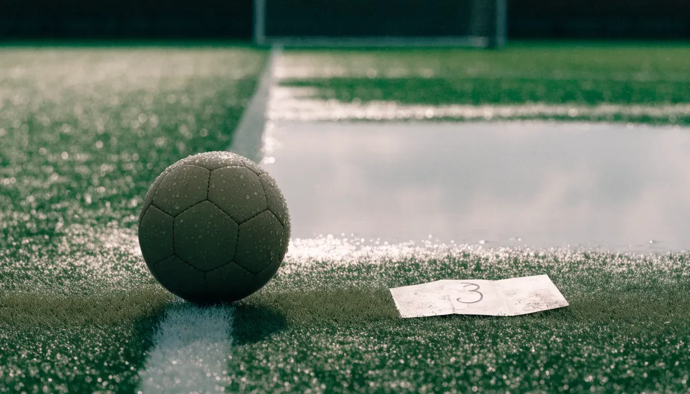 Ein Fussball liegt auf nassem Kunstrasen neben einer weissen Linie, Pfützen spiegeln den Himmel.