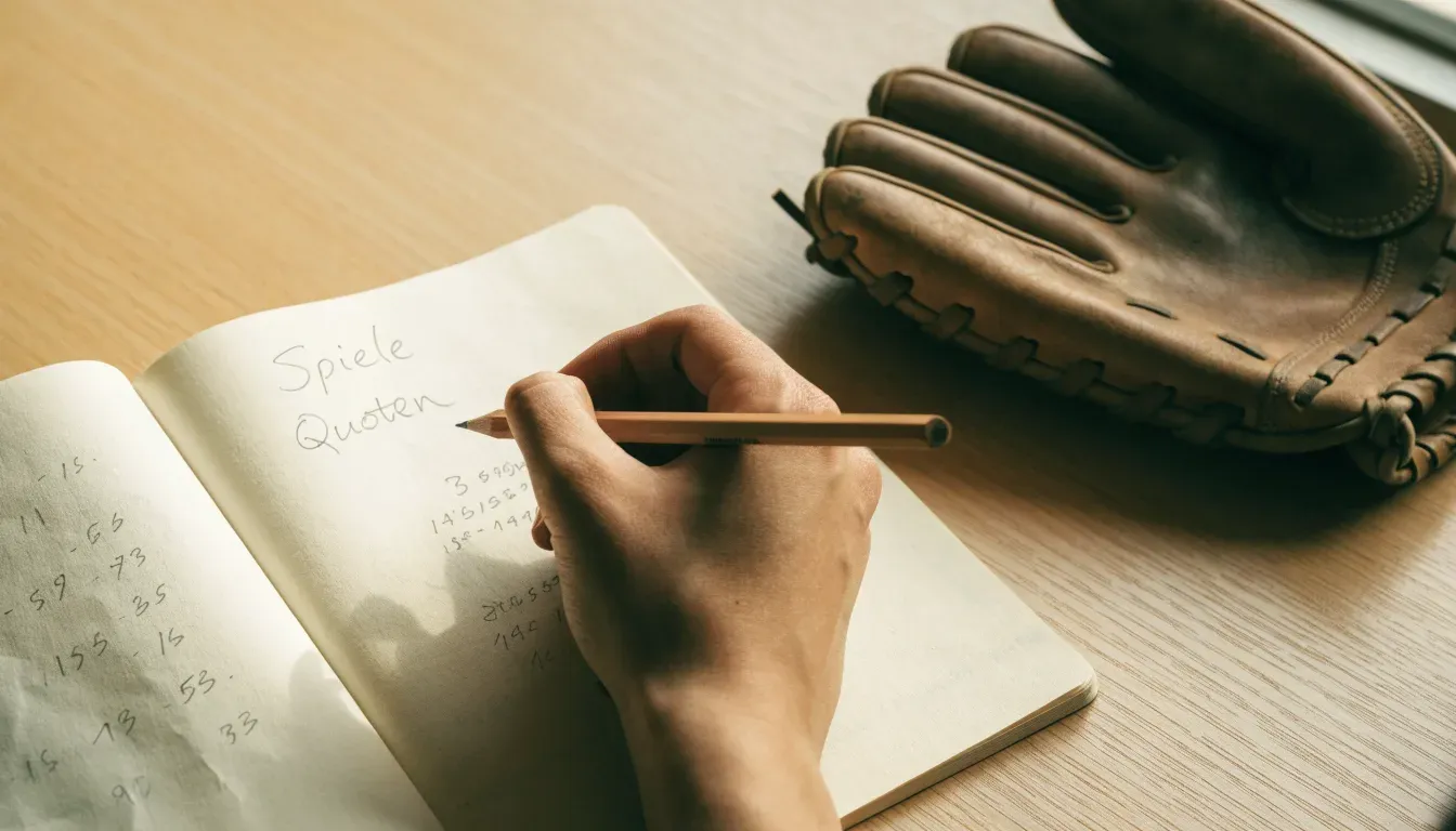 Ein aufgeschlagenes Notizbuch mit handgeschriebenen Notizen und ein Bleistift liegen auf einem Holztisch neben einem abgegriffenen Baseballhandschuh.