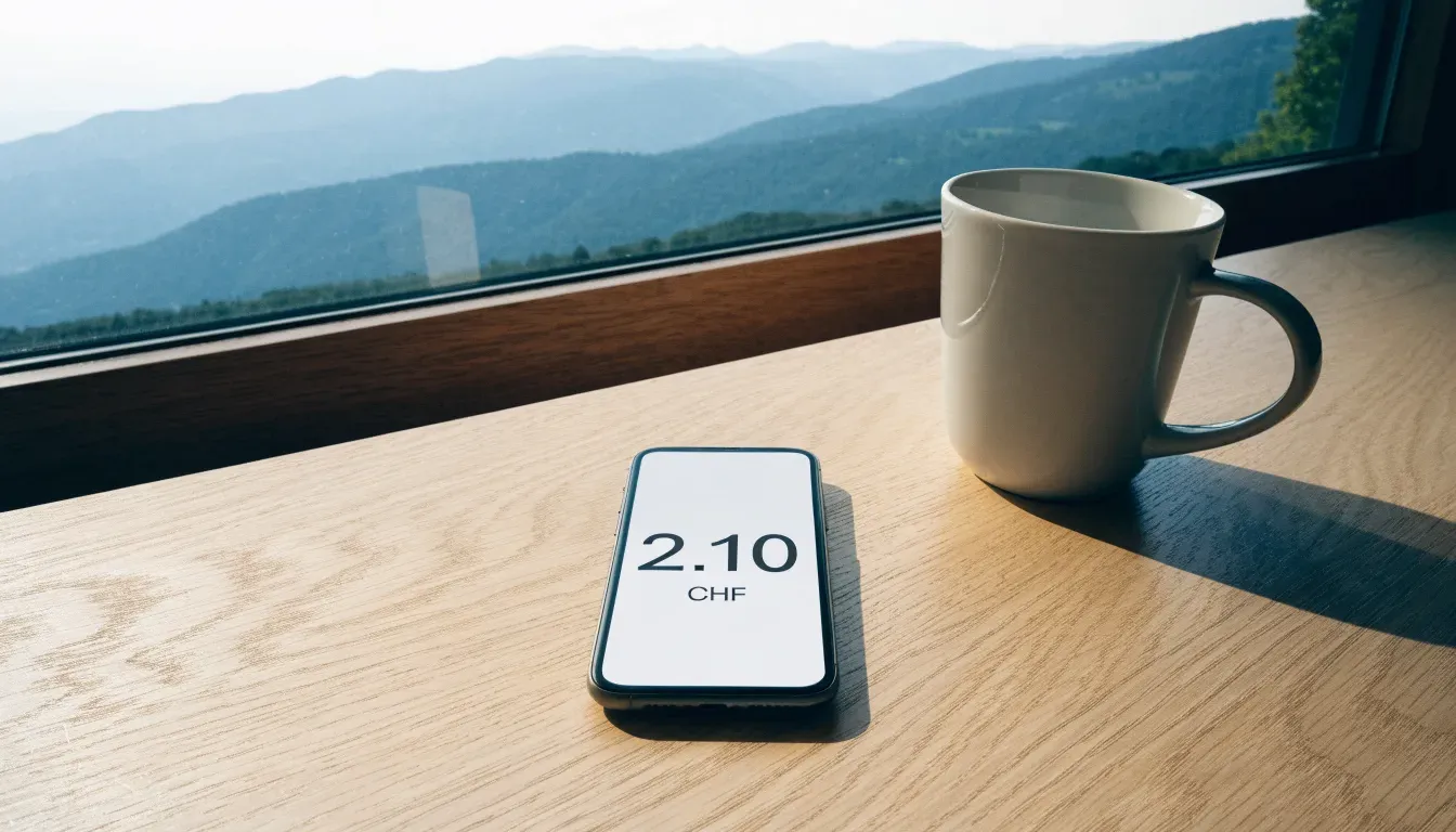 Ein Smartphone mit dunklem Bildschirm liegt auf einem hellen Schreibtisch neben einer Tasse, durch das Fenster dahinter sieht man eine Bergkette.