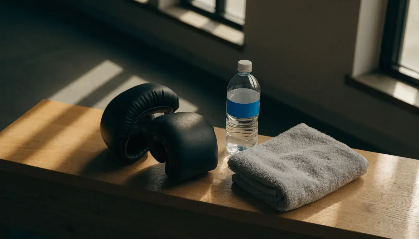 Ein Paar Kampfsporthandschuhe liegt auf einer Holzbank neben einer Wasserflasche in einer ruhigen Umkleide, durch ein hohes Fenster fällt Tageslicht.