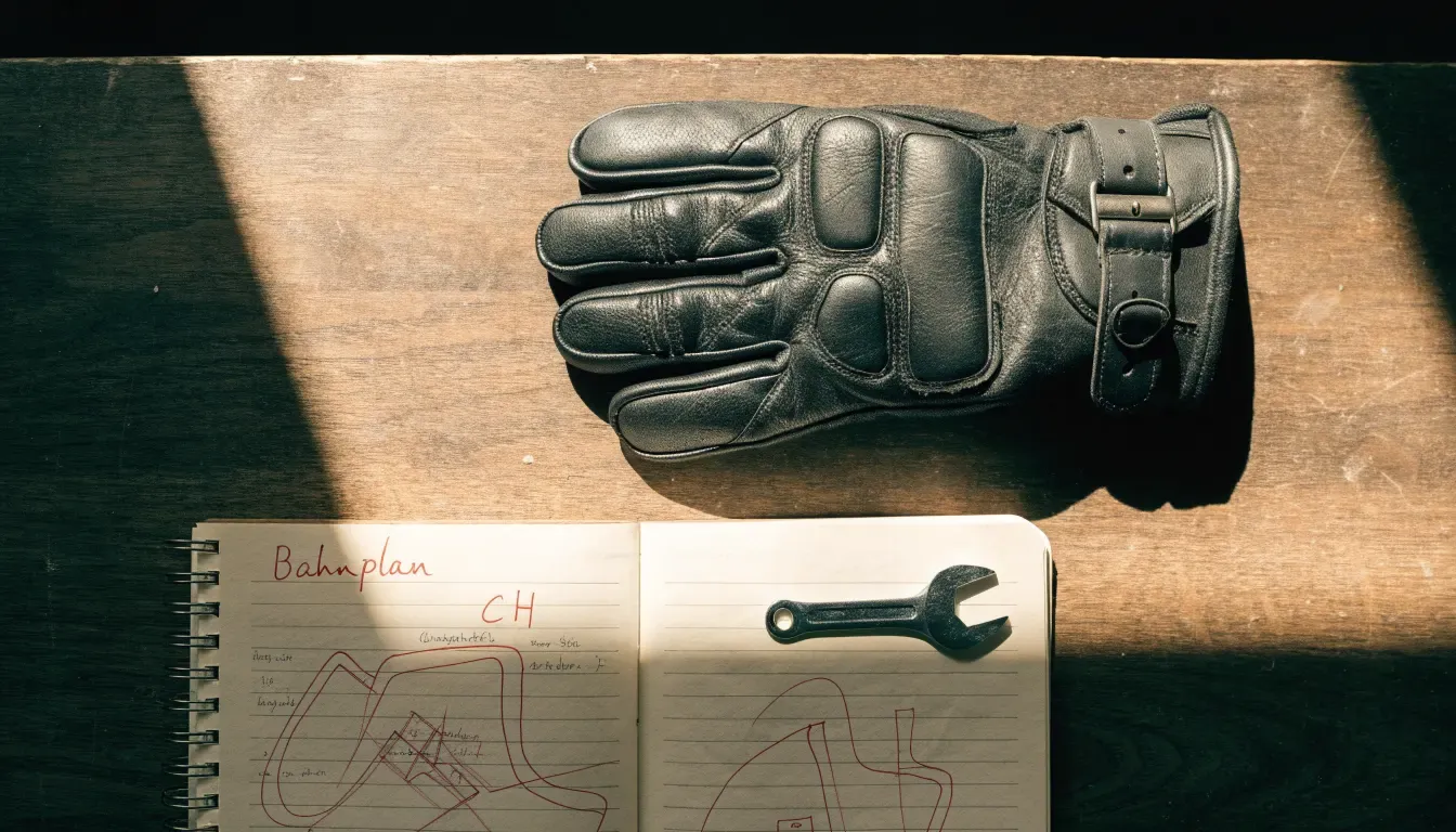 Ein Motorradhandschuh aus Leder liegt auf einer Werkbank neben einem Block mit handgezeichneten Skizzen und einem Schraubenschlüssel.