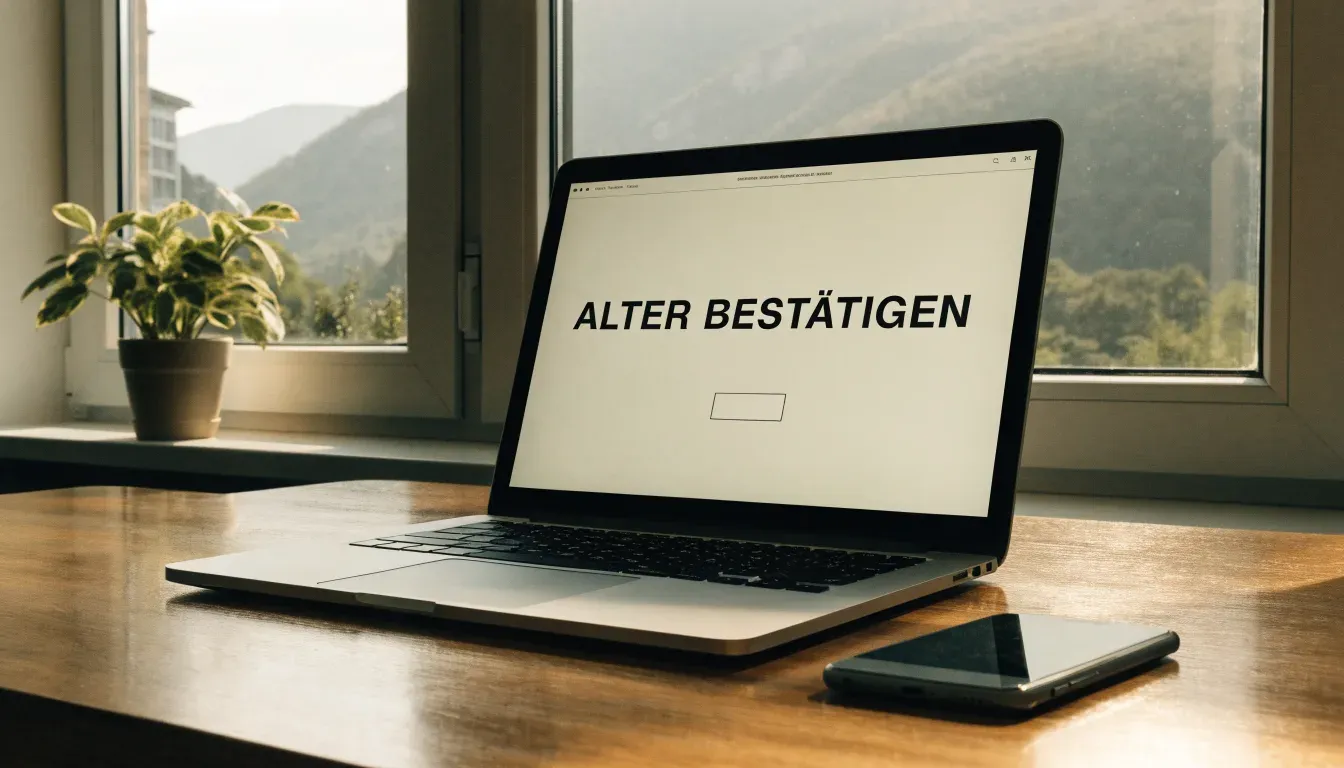 Ein Schreibtisch mit einem geschlossenen Laptop und einer Zimmerpflanze vor einem Fenster mit Blick auf eine Bergkette im Morgenlicht.