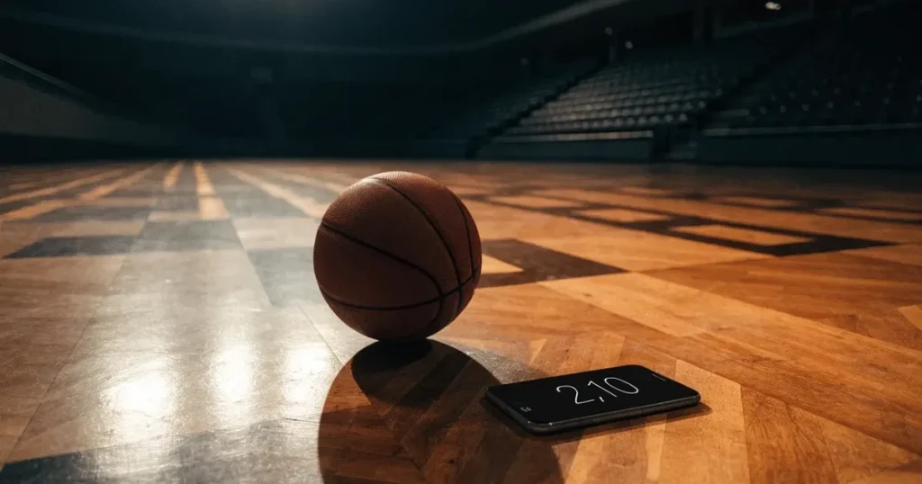 Ein orangefarbener Basketball liegt auf dem Parkett einer leeren Halle unter hellem Flutlicht, die Tribünen sind dunkel.