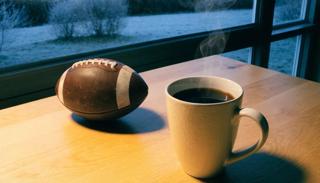 Ein Kaffeebecher und ein Football stehen auf einem Küchentisch am Morgen, durch das Fenster sieht man einen Garten mit Raureif.