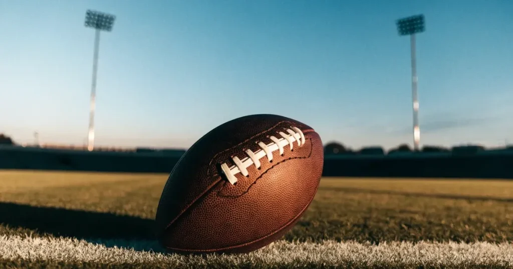 Ein ovaler Football liegt auf frisch gemähtem Rasen neben einer weissen Linie, im Hintergrund stehen leere Flutlichtmasten im Abendlicht.