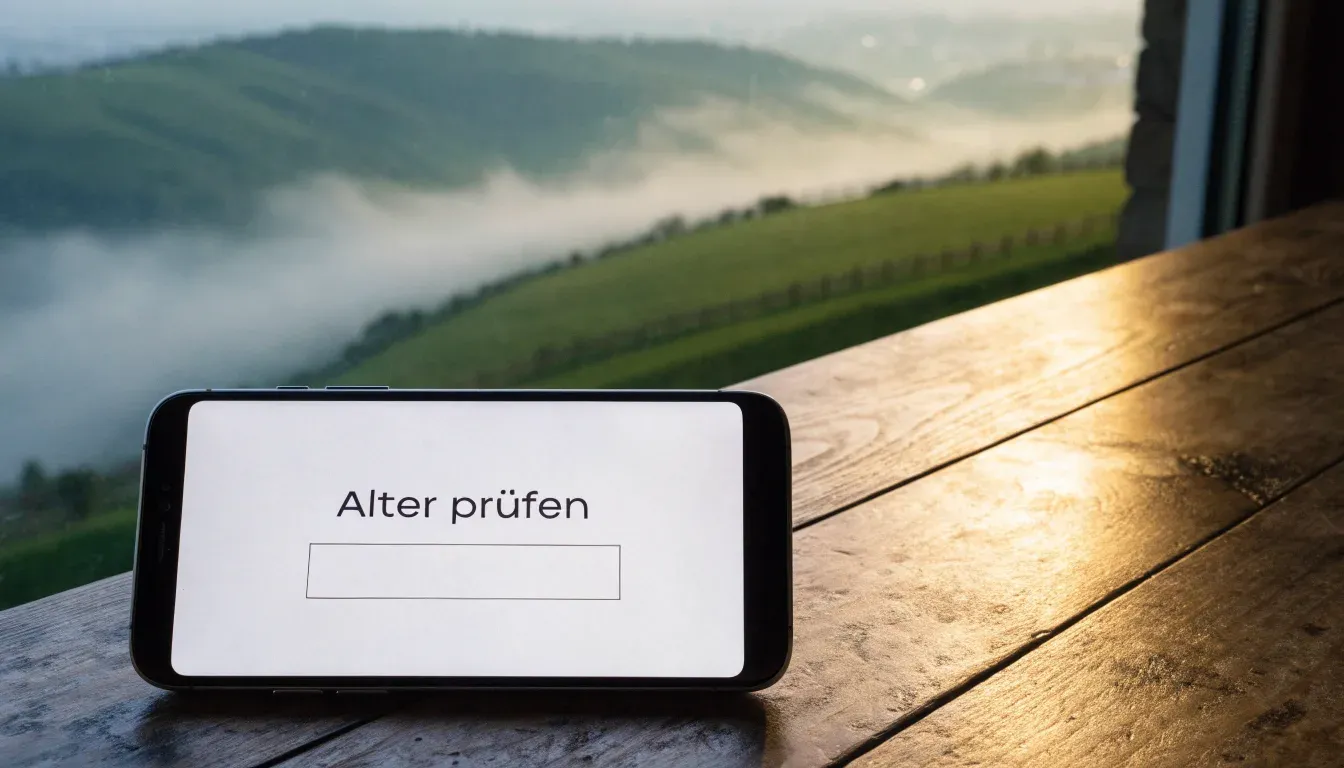 Ein Briefkasten an einem Holzzaun vor einem Bauernhaus in einer Hügellandschaft, auf den Wiesen liegt Frühnebel.
