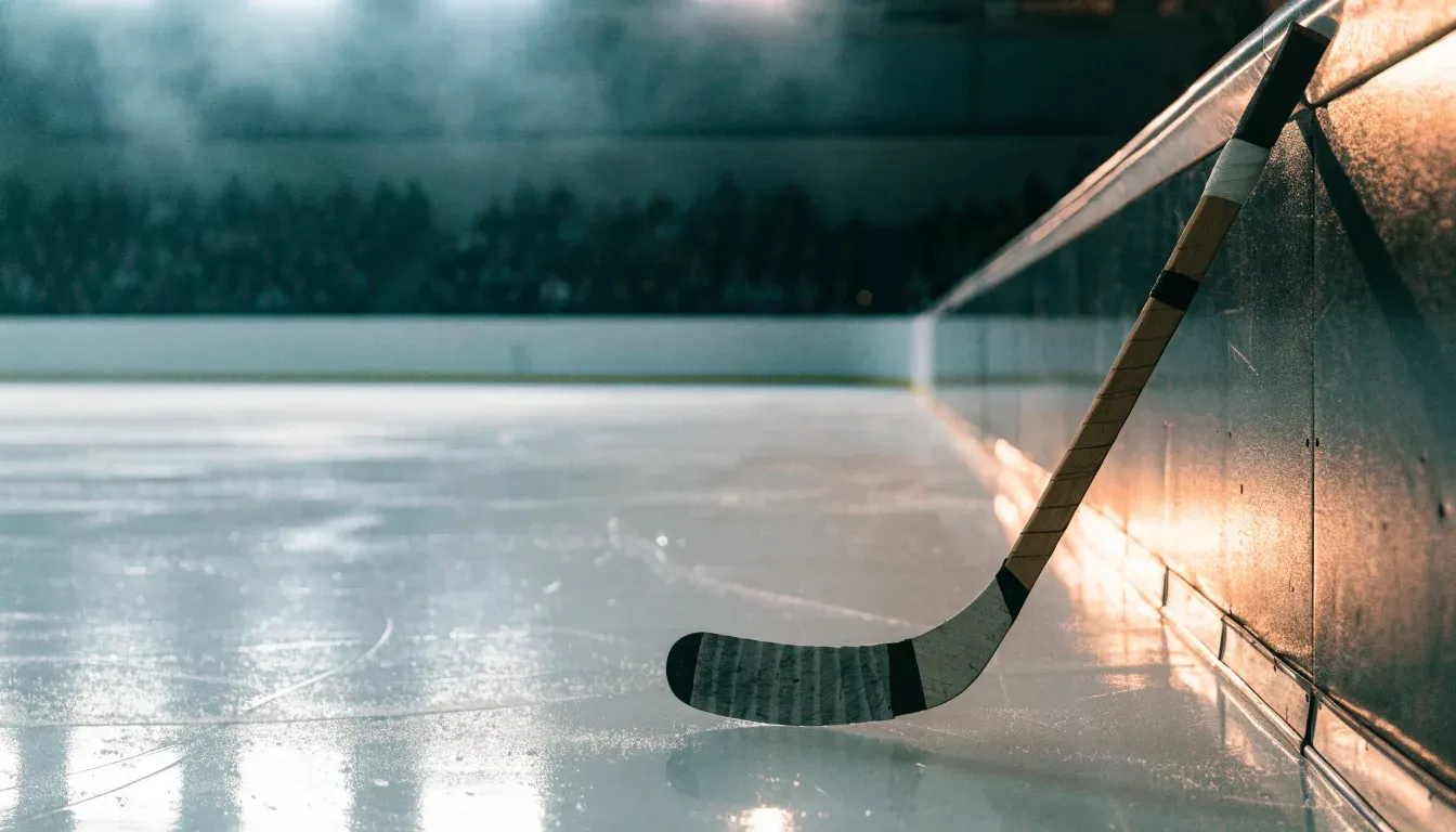 Ein Eishockeyschläger lehnt an der Bande, in der Ferne liegt die hell beleuchtete Eisfläche einer Halle unter Flutlicht.