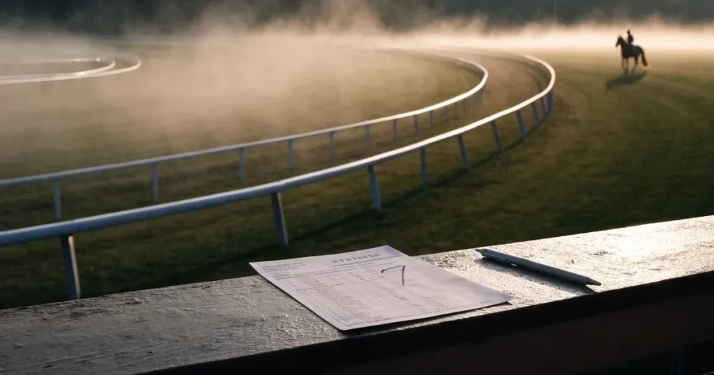 Eine Galoppbahn mit Rasen und weissen Begrenzungen im Morgennebel, in der Ferne trabt ein einzelnes Pferd beim Training.