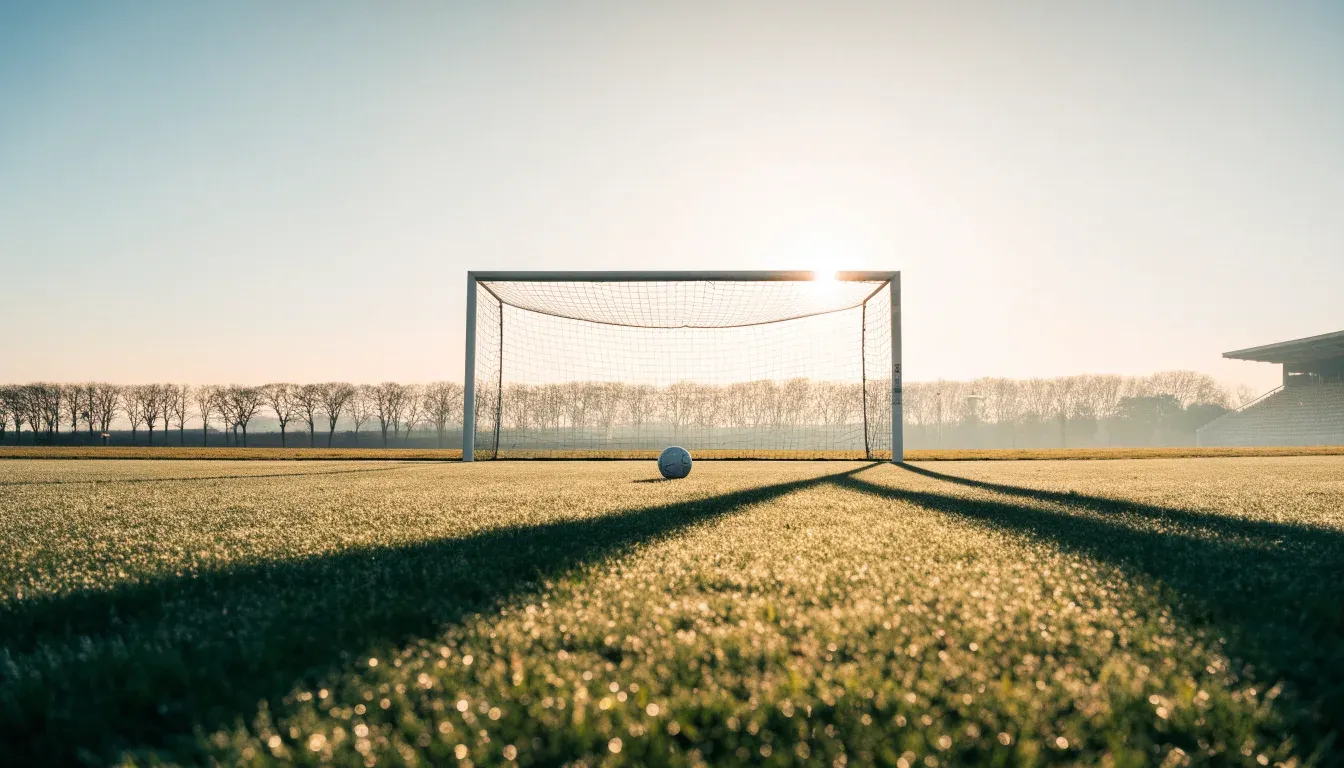 Ein Fussballtor mit Netz in der Totalen auf einem leeren Platz, Tau glänzt im Gras und die Morgensonne steht tief.