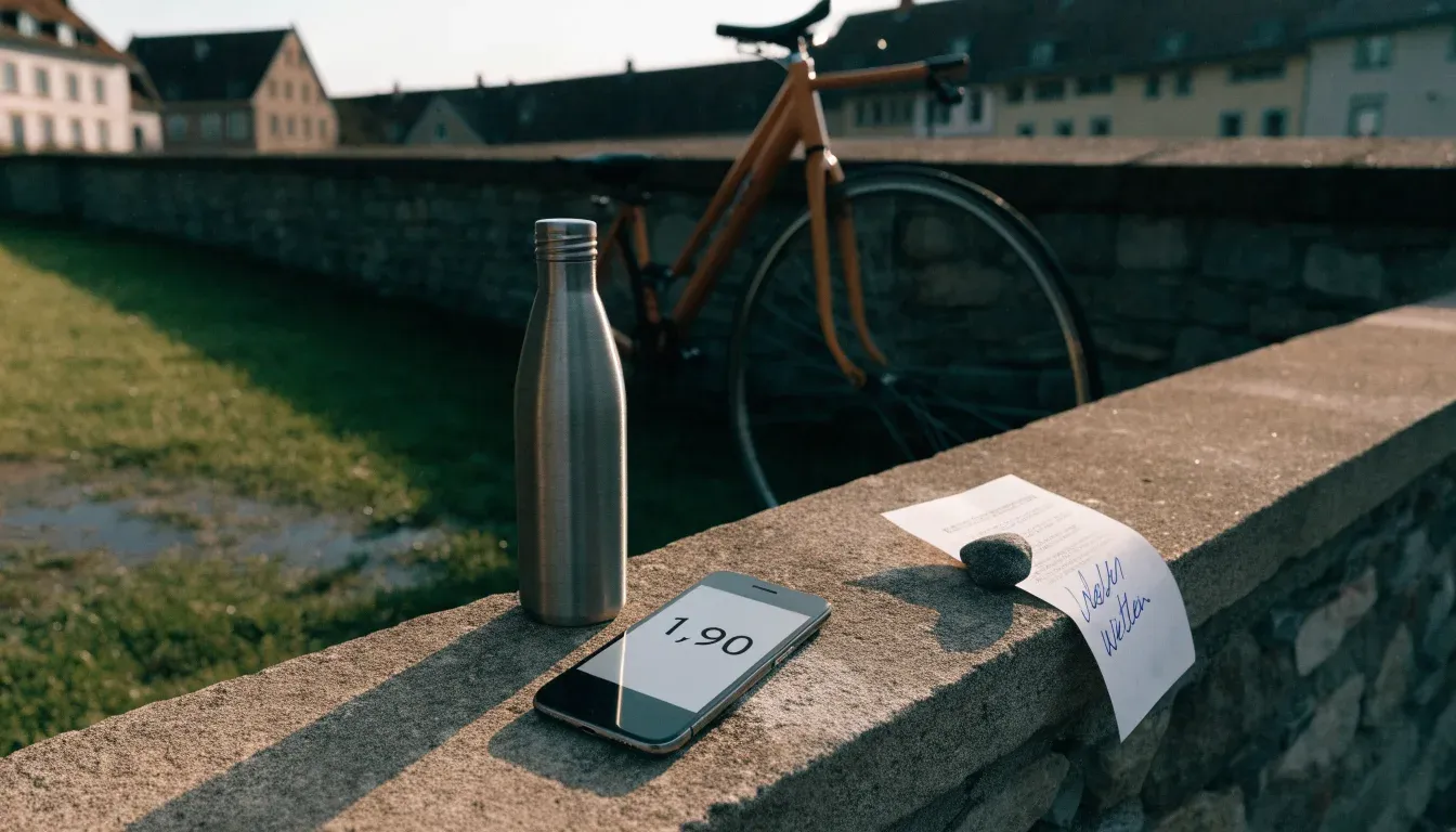 Ein Rennrad lehnt an einer Steinmauer am Rand eines Dorfplatzes, daneben eine Trinkflasche im ersten Sonnenlicht.