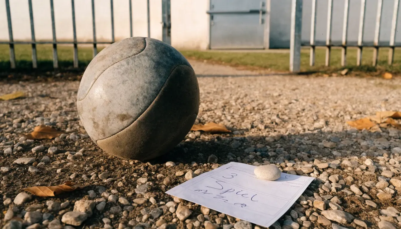 Ein abgenutzter Fussball liegt auf einem Kiesweg neben dem Eingang eines Vereinsplatzes, Laub liegt auf dem Boden.