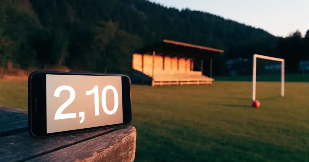 Ein kleiner Fussballplatz mit einfacher Holztribüne und Rasenstreifen am Rand einer Ortschaft, im Hintergrund ein bewaldeter Hügel im Abendlicht.