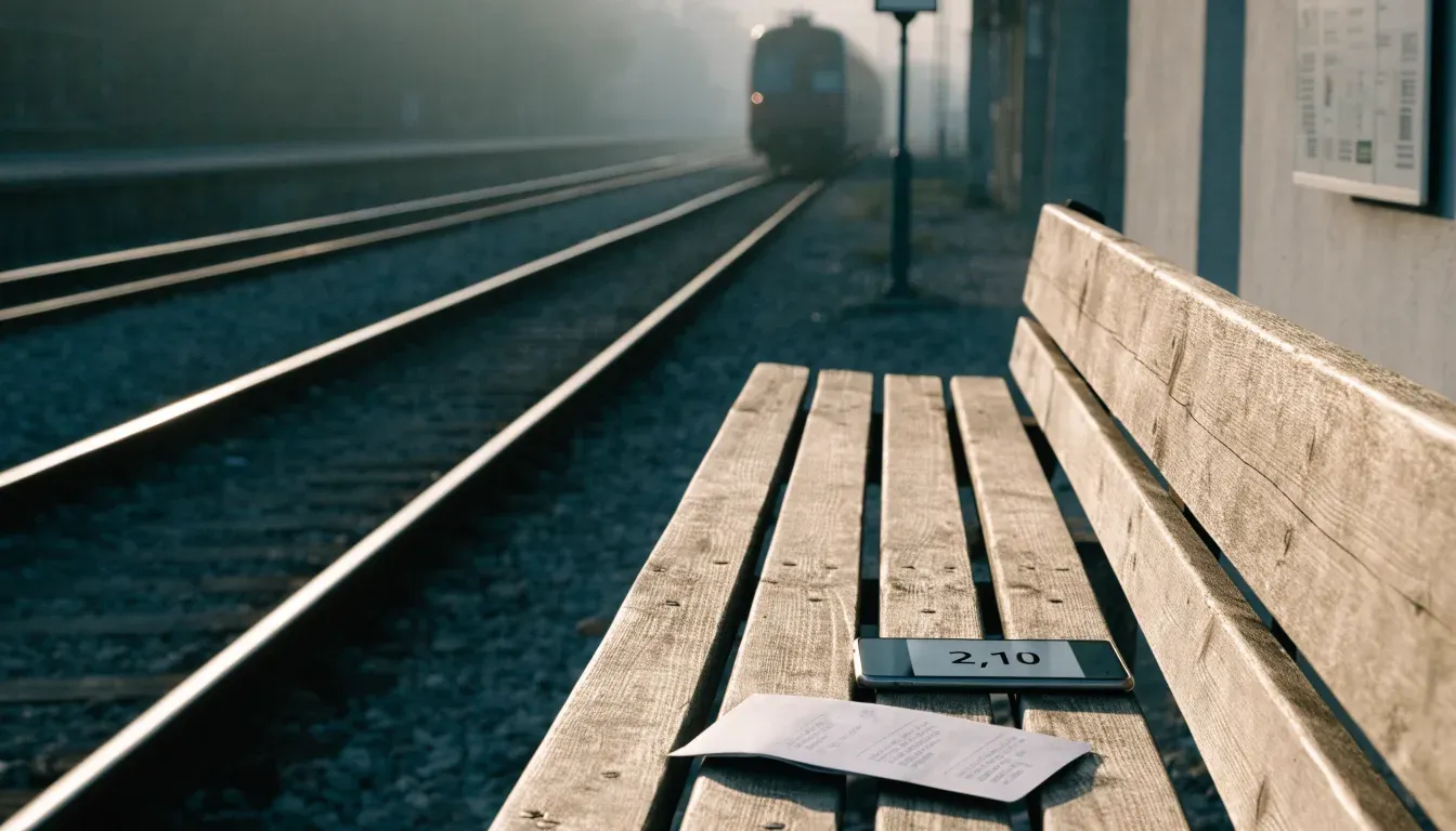 Ein Bahnsteig mit leeren Bänken an einem Regionalbahnhof am Morgen, ein Zug fährt in der Ferne ein.
