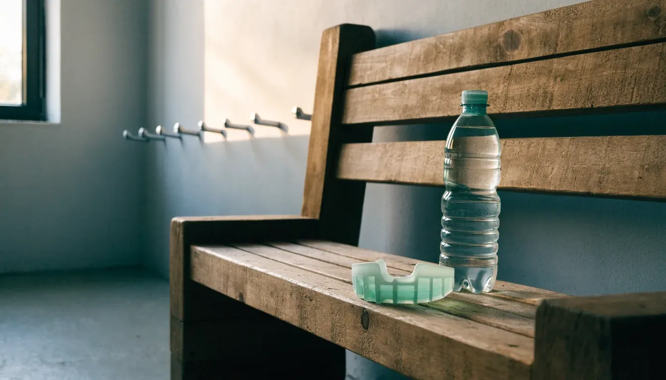 Ein Mundschutz liegt auf einer Holzbank neben einer Trinkflasche in einer schlichten Kabine, durch das Fenster fällt Morgenlicht.