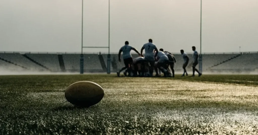 Ein ovaler Rugbyball liegt auf feuchtem Rasen vor zwei hohen Torstangen, hinter dem Spielfeld steigen Nebelschwaden auf.