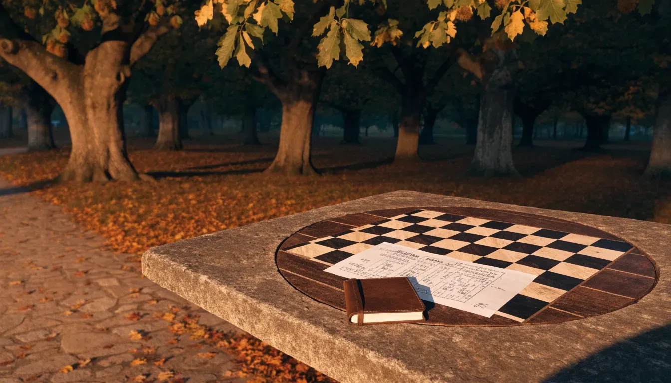Ein Parkbank-Tisch mit eingelassenem Spielfeld unter alten Kastanien, auf den Wegen liegt Laub und die Sonne steht tief.