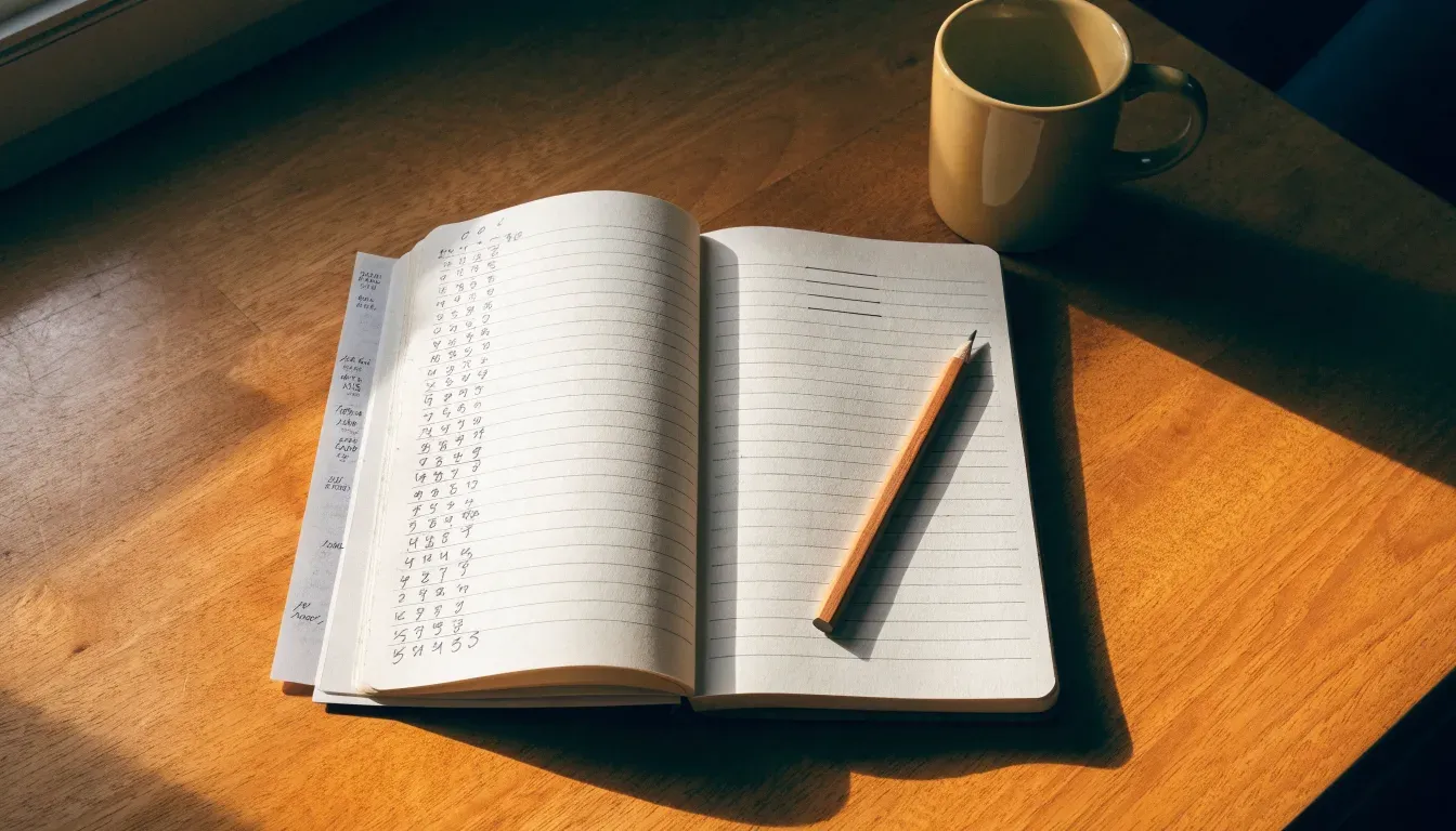 Ein aufgeschlagenes Notizbuch mit handschriftlichen Skizzen neben einem Bleistift und einer Kaffeetasse auf einem Holztisch.