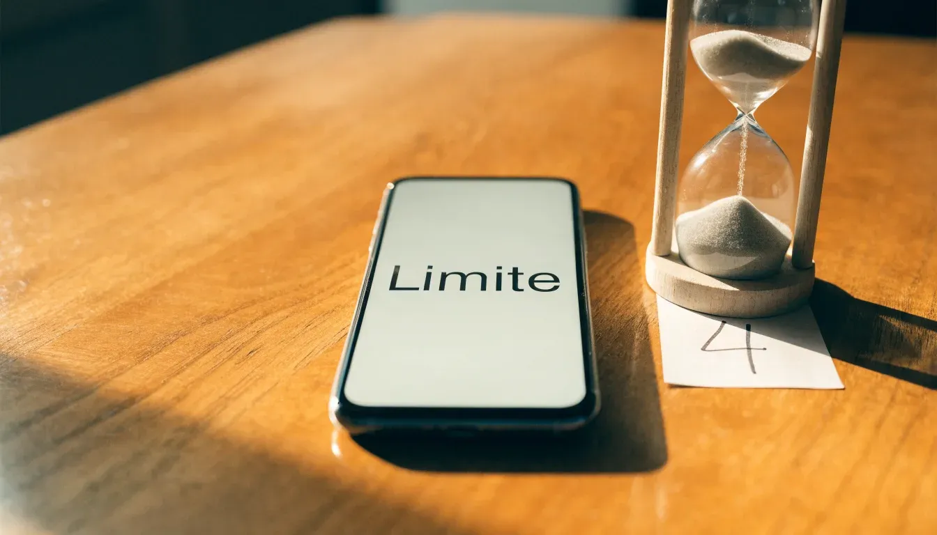 Eine Sanduhr steht auf einem Holztisch neben einem umgedrehten Smartphone, warmes Licht fällt von der Seite ein.