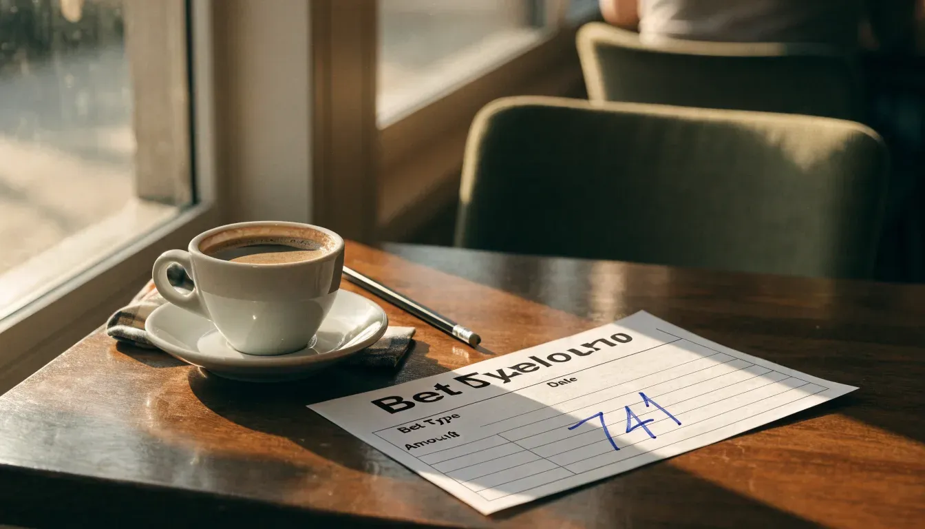 Eine Espressotasse und ein Bleistift liegen auf einem Caféhaustisch neben einer gefalteten Stoffserviette im Licht der Morgensonne.