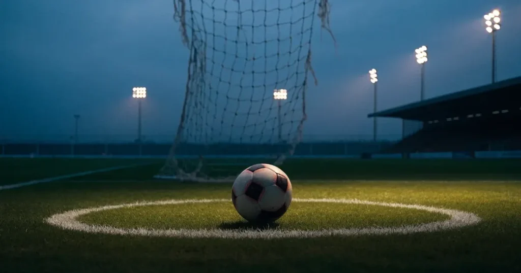 Ein Fussball liegt auf dem Anstosspunkt eines leeren Rasenplatzes in der Abenddämmerung, dahinter leuchten Flutlichtmasten über einer Tribüne.