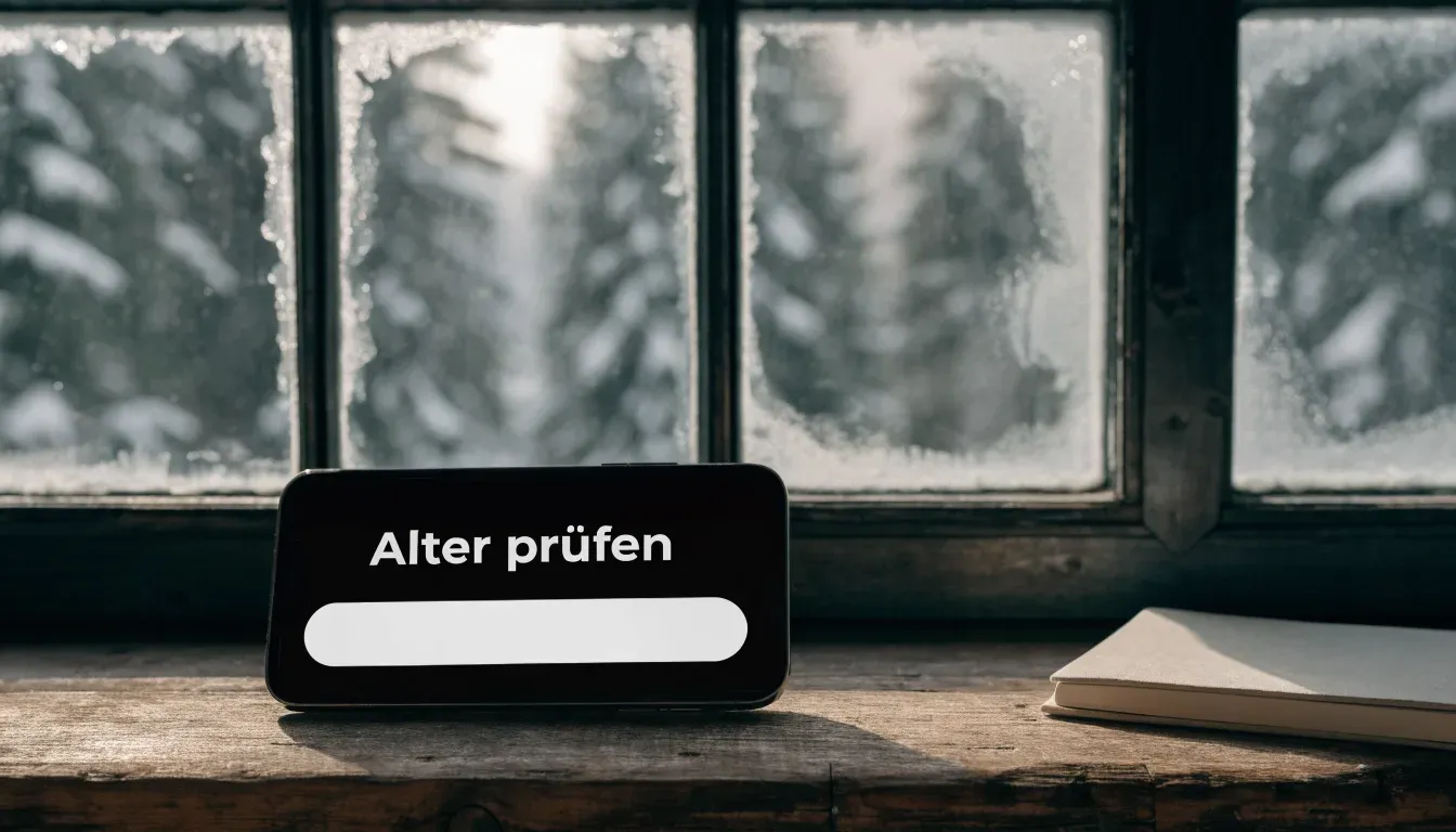 Ein vereistes Fenster einer Berghütte mit Blick auf verschneite Tannen im blassen Winterlicht.