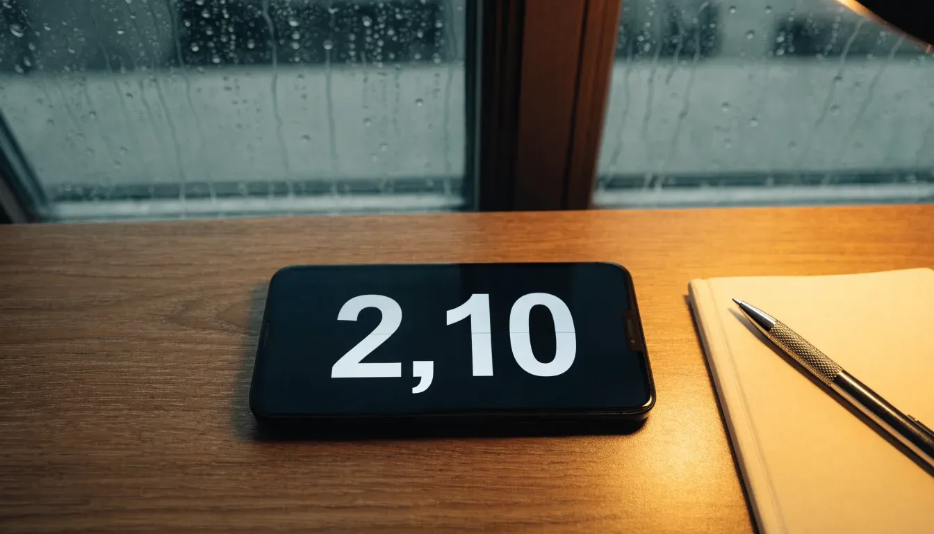 Eine Garderobe aus Holz mit einem dunklen Regenschirm in einem stillen Korridor, am Fenster rinnt Regen herunter.