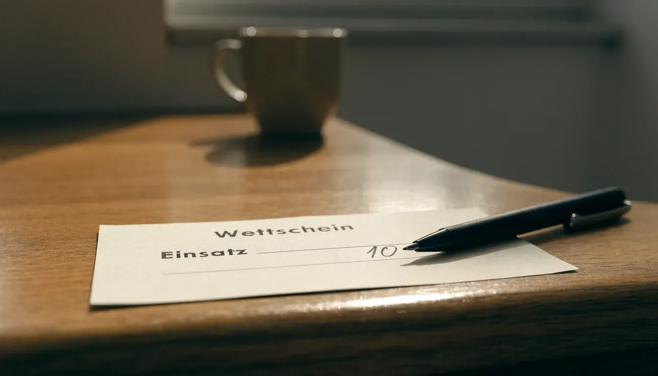 Ein leerer Wettschein aus Papier und ein Kugelschreiber liegen auf einer hölzernen Theke im Nachmittagslicht.