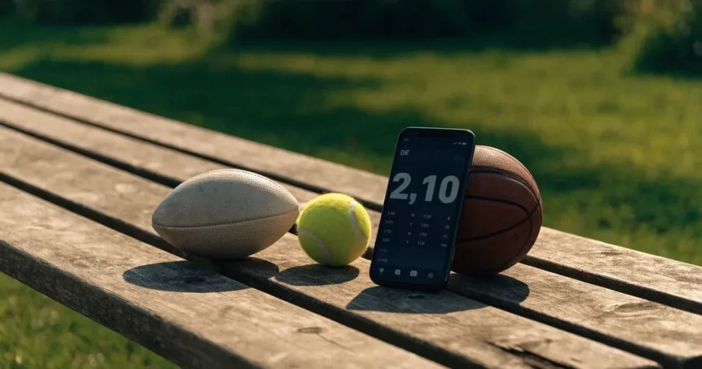 Drei Sportbälle, ein Fussball, ein Tennisball und ein Basketball, liegen nebeneinander auf einer Holzbank.