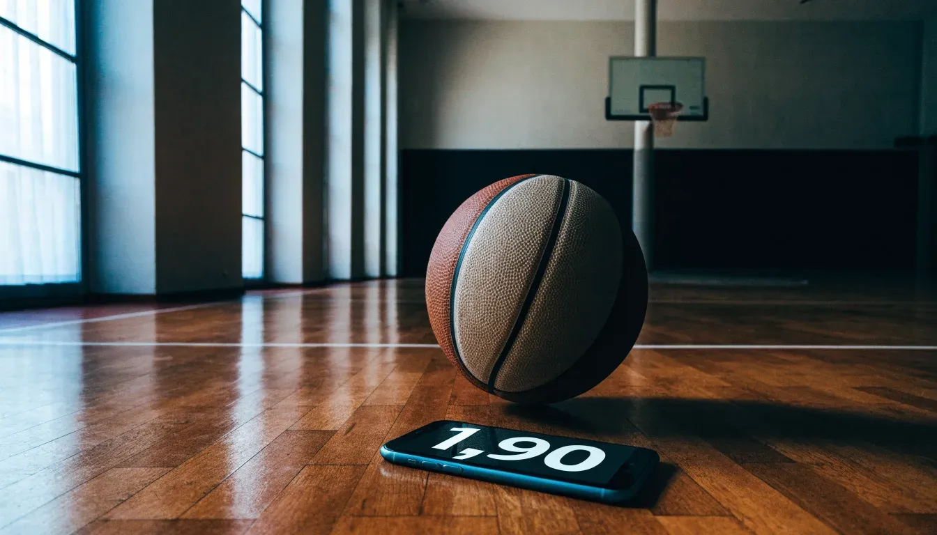 Ein Basketballkorb hängt in einer leeren Turnhalle, durch hohe Fenster fällt Licht auf das Holzparkett.