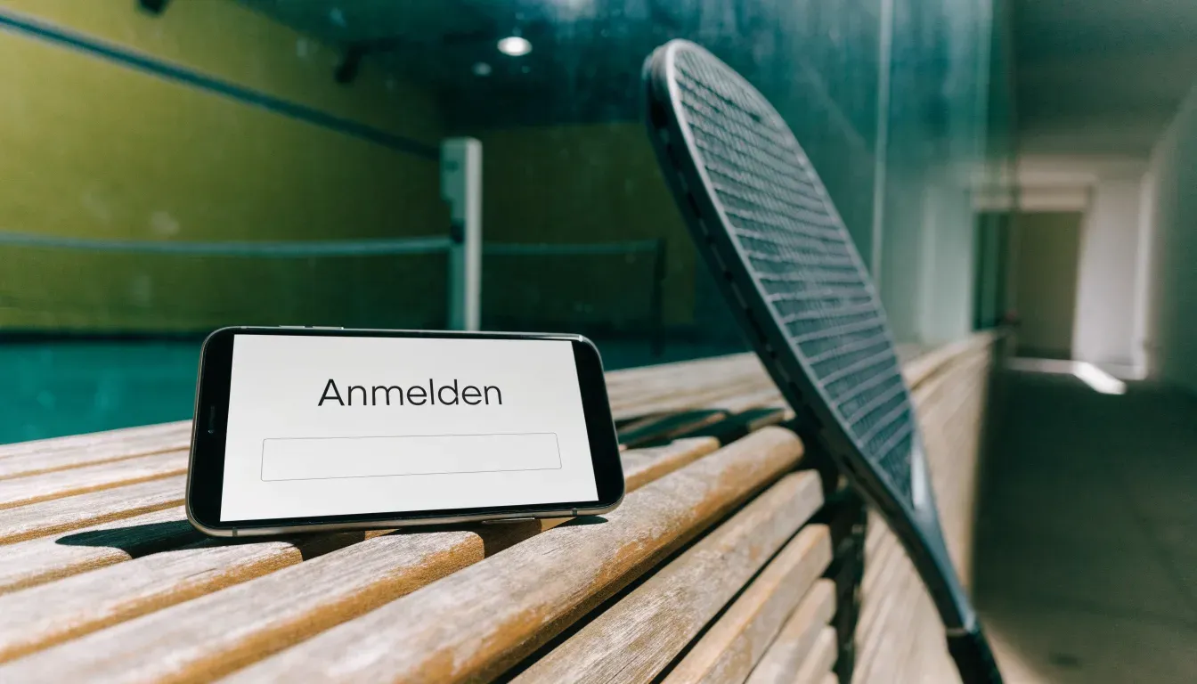 Ein Squashschläger lehnt an der Glaswand eines leeren Courts, draussen fällt Tageslicht in den Gang.
