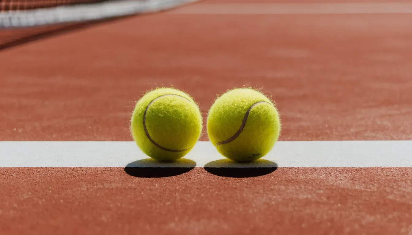 Zwei Tennisbälle liegen auf der weissen Grundlinie eines Hartplatzes im grellen Sonnenlicht.