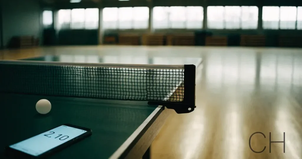 Eine Tischtennisplatte mit Netz in einer leeren Sporthalle, ein heller Ball liegt auf einer Seite, Deckenlicht spiegelt sich im Hallenboden.