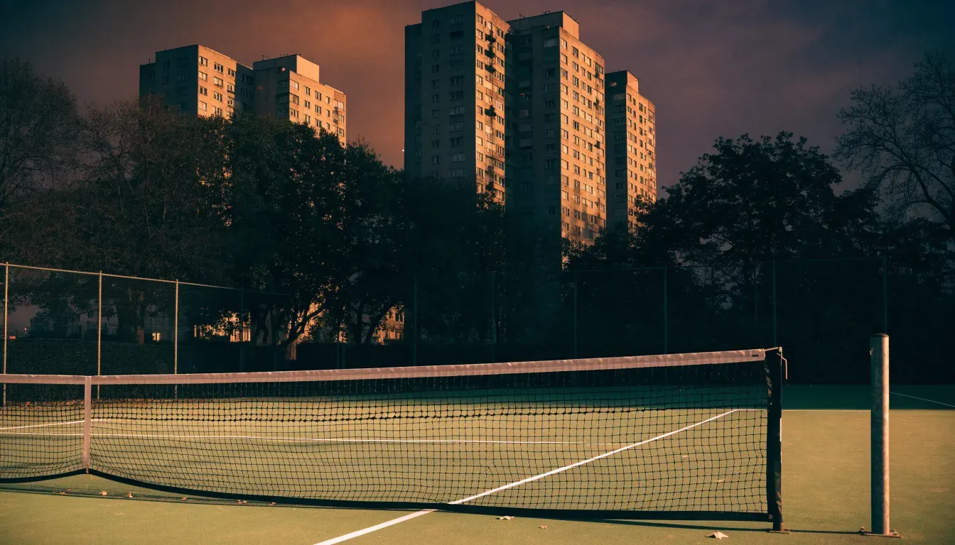 Die Hochhäuser einer Grossstadt in der Dämmerung, gesehen von einem Park, im Vordergrund ein gespanntes Tennisnetz.