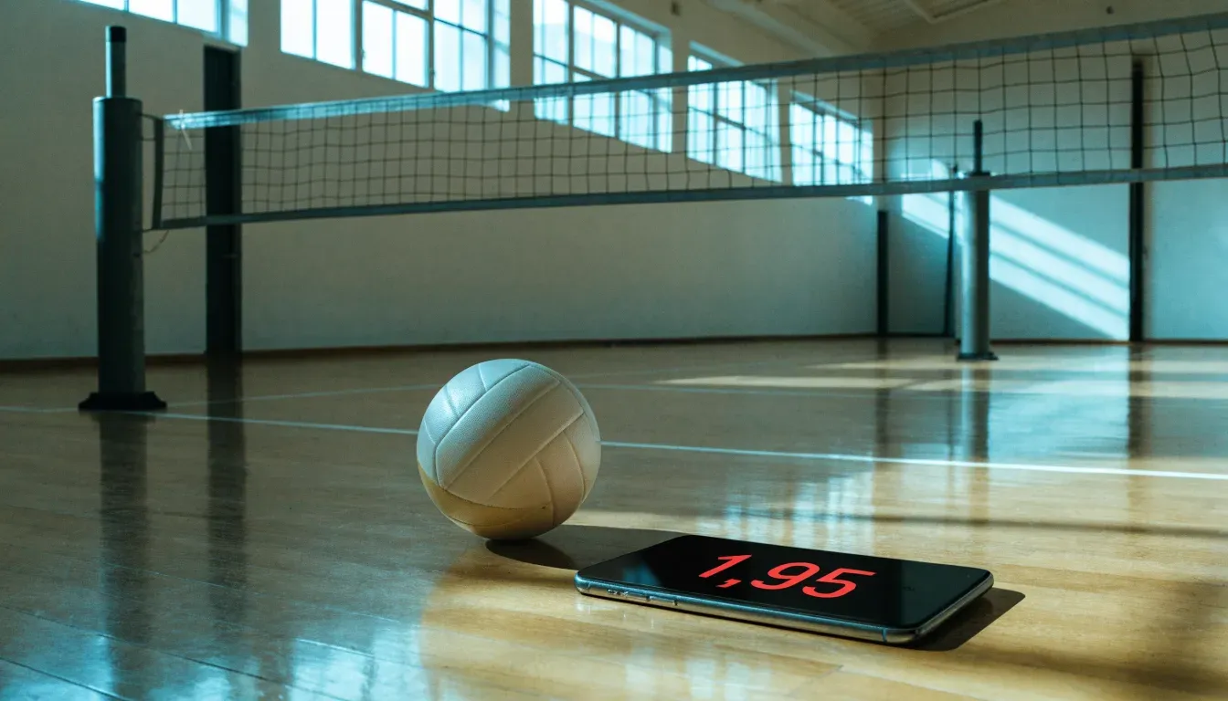 Eine Sporthalle mit gespanntem Volleyballnetz über poliertem Holzboden, hohe Fenster lassen Tageslicht herein.