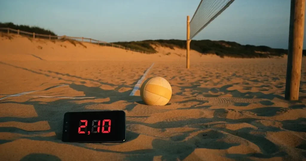 Ein Volleyball liegt im Sand eines Beachplatzes, zwischen zwei Pfosten ist ein Netz gespannt, tiefe Abendsonne wirft lange Schatten.