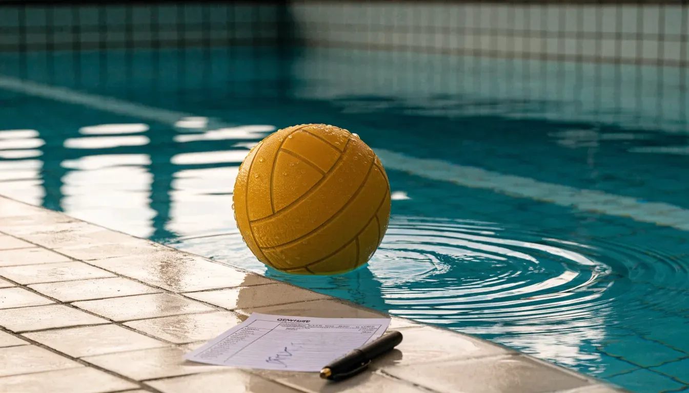 Ein gelber Ball treibt auf ruhigem türkisfarbenem Beckenwasser, feine Wellen im weichen Licht.