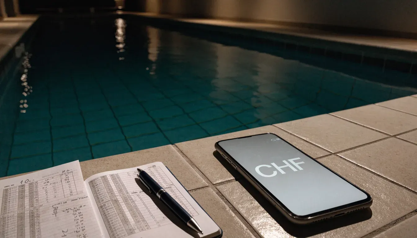 Ein Bademeisterstuhl neben einem Hallenbad zur Schliesszeit, gedimmtes Licht, glatte Wasseroberfläche.