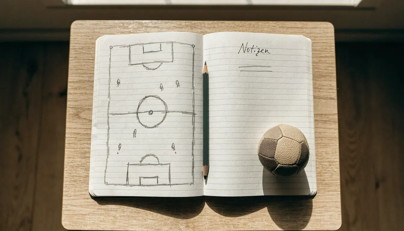 Ein aufgeschlagenes Notizbuch mit Bleistiftskizzen und ein kleiner Fussball liegen auf einem Holztisch im Tageslicht.