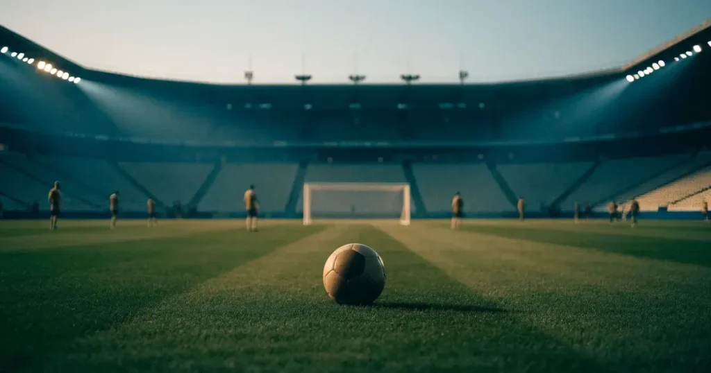 Ein Fussball liegt auf dem Anstosspunkt eines leeren Rasenplatzes, dahinter ragen die Ränge eines grossen Stadions in der Abenddämmerung auf.