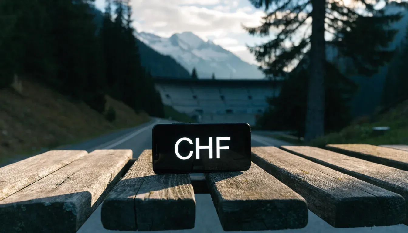 Schneebedeckte Berge erheben sich hinter einem Fussballstadion in einem Schweizer Tal, davor liegt eine leere Strasse im Morgenlicht.