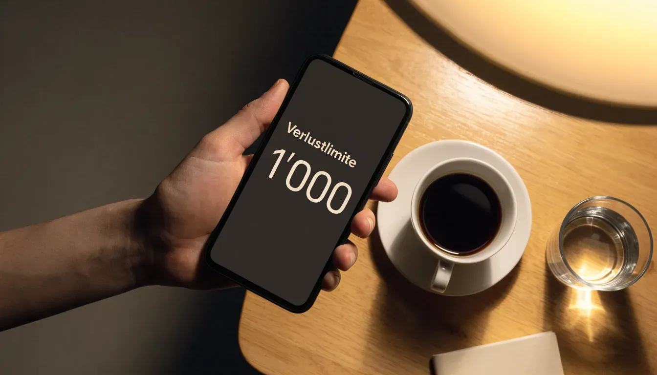 Ein Smartphone mit dunklem Display liegt neben einer Kaffeetasse und einem Glas Wasser auf einem Holztisch im Licht einer Lampe.