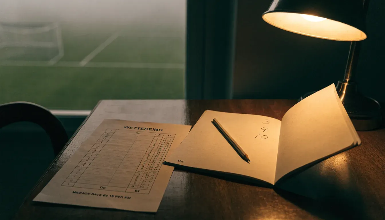 Ein Schreibtisch am Fenster mit Schreibtischlampe, Bleistift und leerem Block, draussen liegt ein Fussballplatz im Dunst.