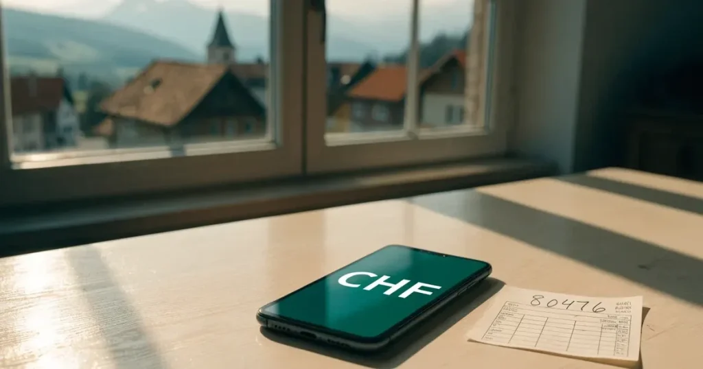 Ein Sparschwein aus Keramik steht auf einem Küchentisch neben einem Smartphone mit dunklem Display, im Fenster dahinter ein Schweizer Dorf im Morgenlicht.