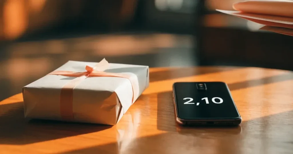 Ein kleines Geschenk mit Schleife steht auf einem Holztisch neben einem Smartphone mit dunklem Display im Seitenlicht.